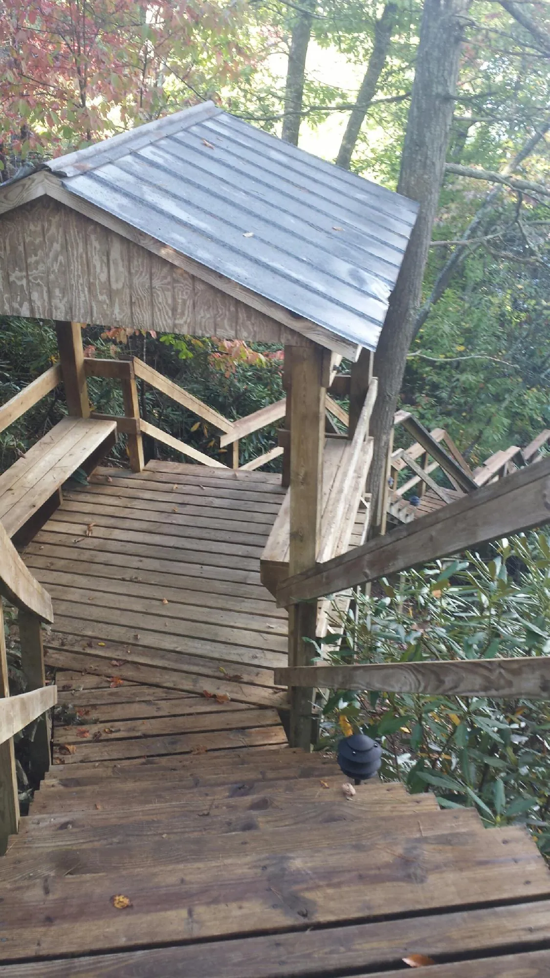 Metal roofed shelter over wooden steps on a wooded walkway — Skylight Repair & Installation work by our crew in Pheba